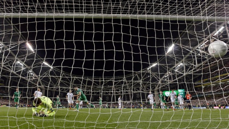 Jon Walters of the Republic of Ireland scores from the penalty spot during the Euro 2016 play-off second leg between the Republic of Ireland and Bosnia-Herzegovina at Aviva Stadium. Photo: Charles McQuillan/Getty Images