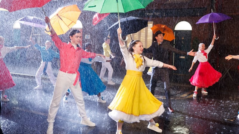 Ryan Tubridy performs Singin’ in the Rain as part of The Late Late Toy Show 2020 with Children from Spotlight Stage School and the Miss Ali Stage School. The song was recorded in Carrigstown, the Fair City lot at RTÉ in Donnybrook, Dublin. Photograph: Andres Poveda