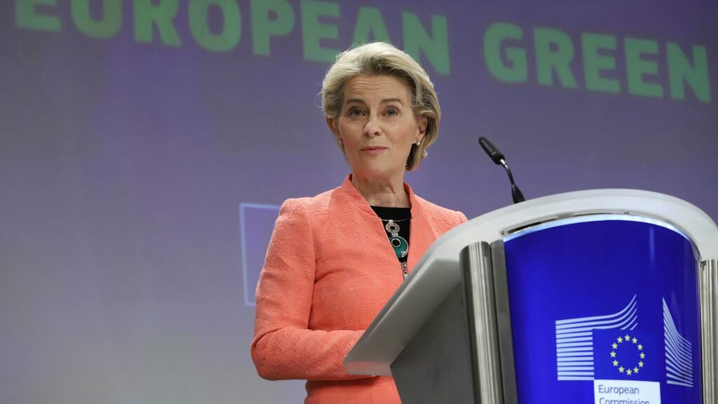 European Commission president Ursula von der Leyen unveils the bloc’s new climate targets in Brussels on Wednesday. Photograph: AP Photo/Valeria Mongelli