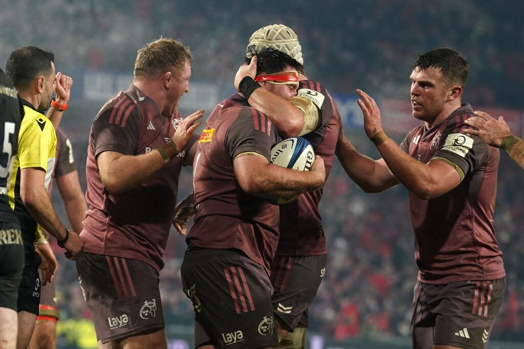 Munster's Dian Bleuler after scoring their side's first try during the Champions Cup match at Thomond Park in Limerick. Photograph: Brian Lawless/PA Wire