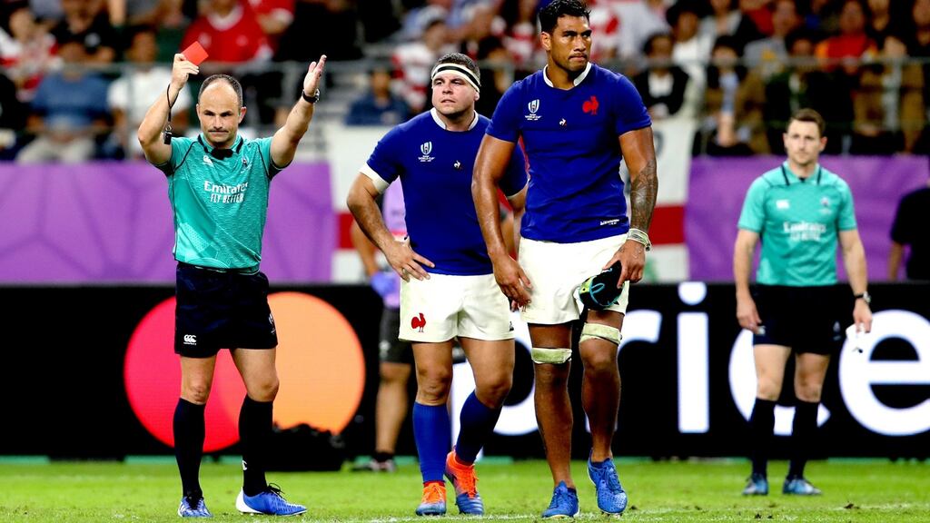 Jaco Peyper shows France’s Sebastien Vahaamahina a red card during his side’s defeat to Wales. Photograph: David Davies/PA