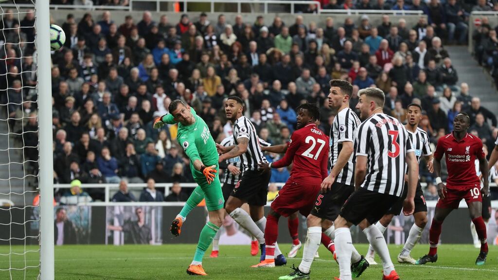 Divock Origi scores Liverpool’s late winner at Newcastle. Photograph: Scott Heppell/Reuters