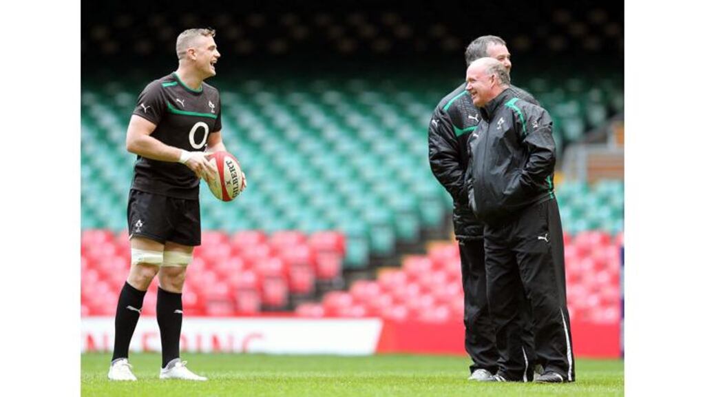 Ireland captain Jamie Heaslip with head coach Declan Kidney and assistant coach Anthony Foley at the Millennium Stadium. Photograph: Dan Sheridan/Inpho