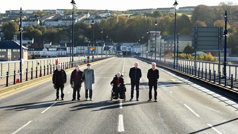 2018: Trevor McBride, Dermie McClenaghan, Fionnbarra Ó Dochartaigh, Michael Canavan, Ivan Cooper,Terry Doherty and Aidan Mckinney reunited on Craigavon Bridge 50 years later. Photograph: Freya McClements
