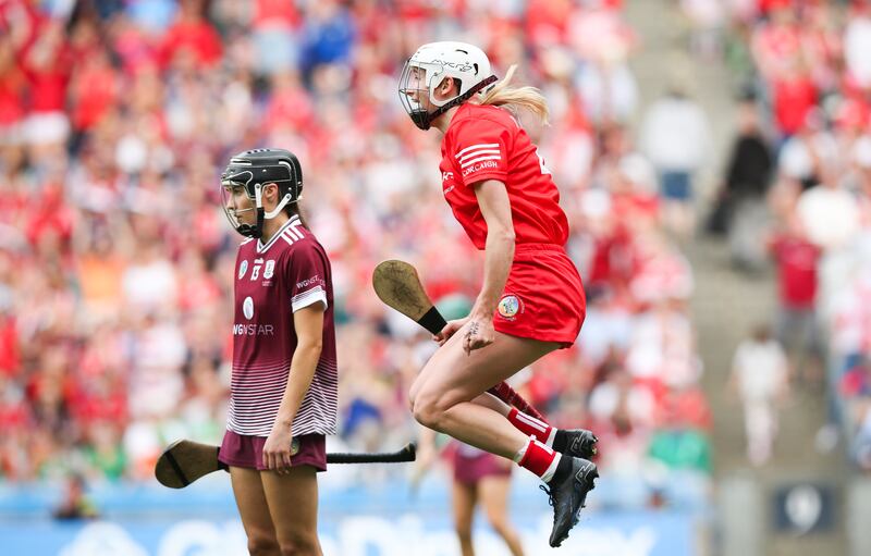 Cork's Pamela Mackey celebrates the final whistle in the All-Ireland camogie final. Photograph: Tom Maher/Inpho