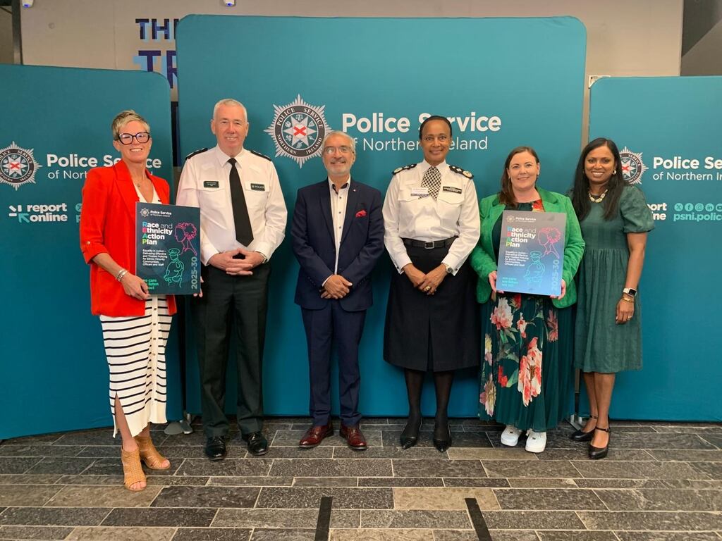 Assistant Chief Officer Clare Duffield; Chief Constable Jon Boutcher; Northern Ireland Policing Board Chair Mukesh Sharma; Deputy Assistant Commissioner for the Metropolitan Police and national lead for the Police Race Action Plan, Alison Heydari; Detective Chief Superintendent Zoe McKee; and community worker Preeti Yellamaty at the launch of the PSNI's Race and Ethnicity Action Plan. Photograph: PA