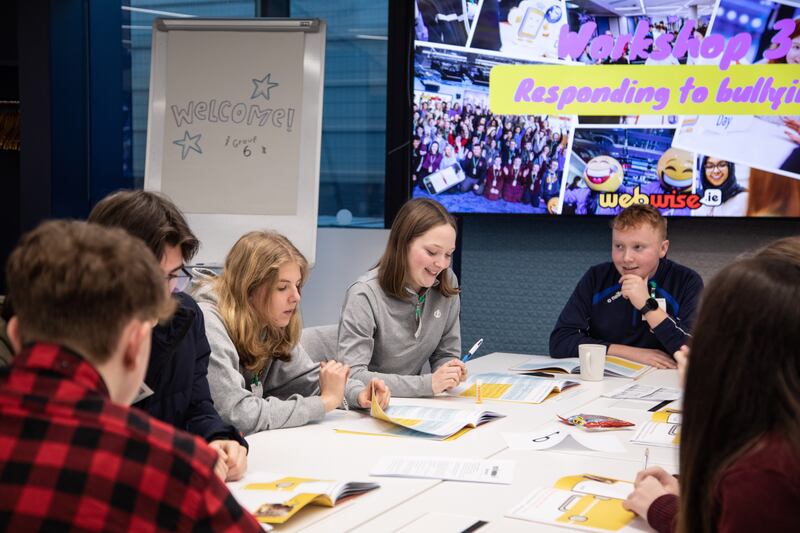 Karina Walsh and Niamh Hannan (centre), classmates at Holy Faith Secondary School, Contarf in Dublin, at a recent Safer Internet Day training session: 'People post the best bits of their lives… it can only lead to body-image issues which, without realising it, can affect you,' says Karina.