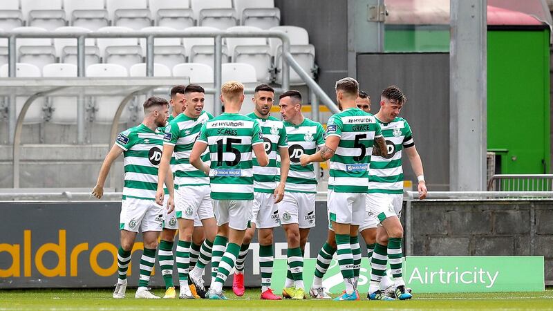 Shamrock Rovers players celebrate Danny Lafferty’s early goal in the win over Bohemians in Tallaght on September 5th. Photograph: Ryan Byrne/Inpho