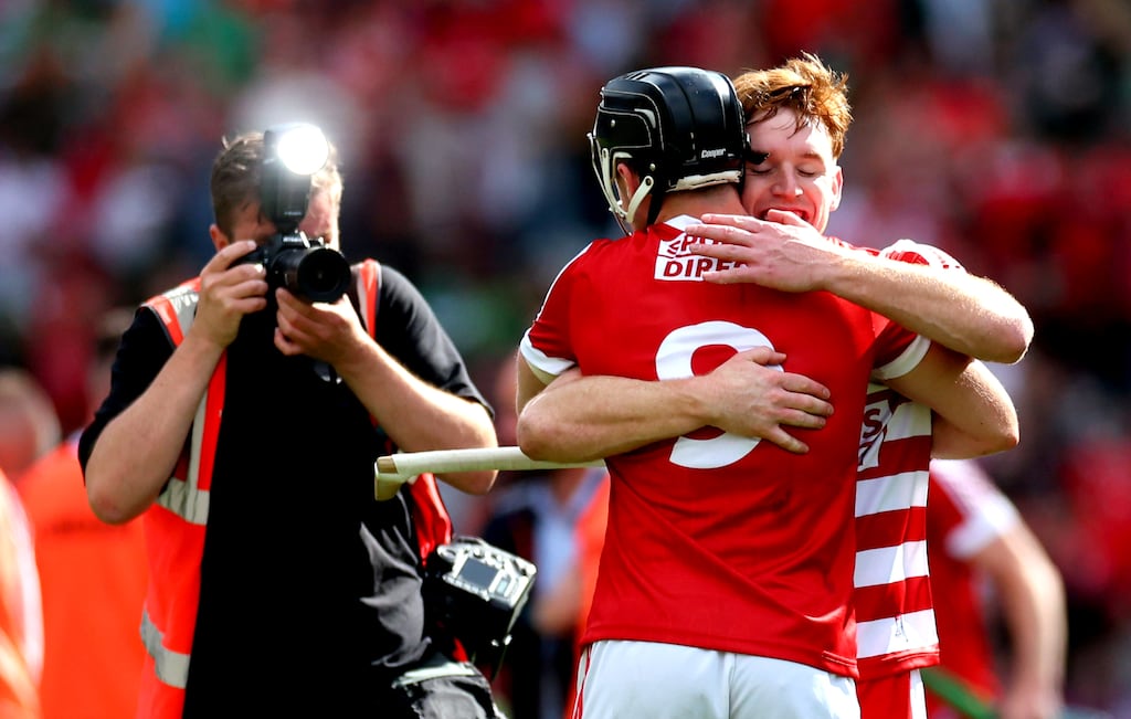 Cork’s Darragh Fitzgibbon celebrates with goalkeeper Pa Collins after victory over Limerick. Photograph: James Crombie/Inpho