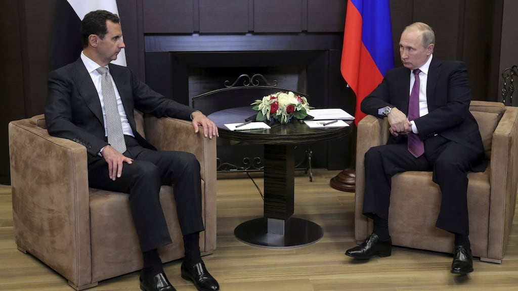 Russian president Vladimir Putin meets with Syrian president Bashar al-Assad in the Black Sea resort of Sochi, Russia. Photograph: Mikhail Klimentyev/Kremlin/Sputnik/