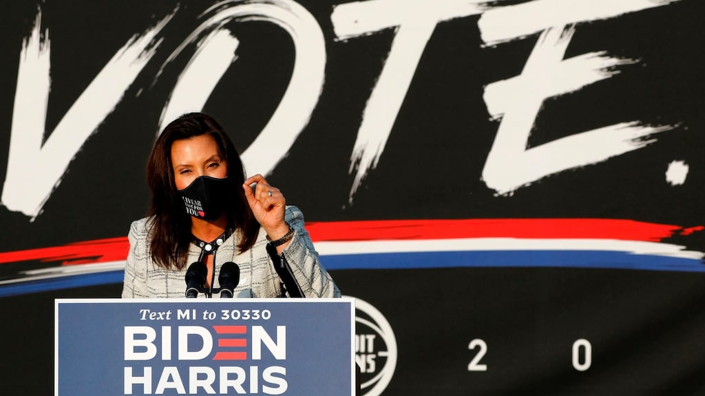 Governor of Michigan  Gretchen Whitmer speaks before Democratic vice-presidential nominee Kamala Harris  in Detroit, Michigan on September 22nd. Photograph: Jeff Kowalsky/AFP via Getty Images