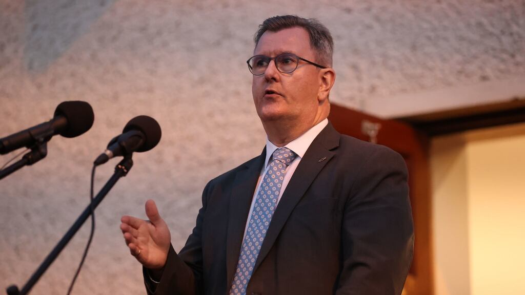 DUP leader Jeffrey Donaldson speaking during a rally in opposition to the Northern Ireland Protocol, organised by West Tyrone United Unionists, in Castlederg, Co Tyrone. Photograph: Liam McBurney/PA Wire