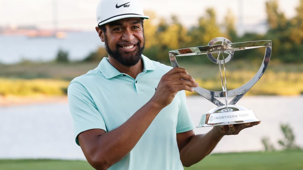 Tony Finau celebrates his Northern Trust victory in New Jersey. Photograph: Justin Lane/EPA