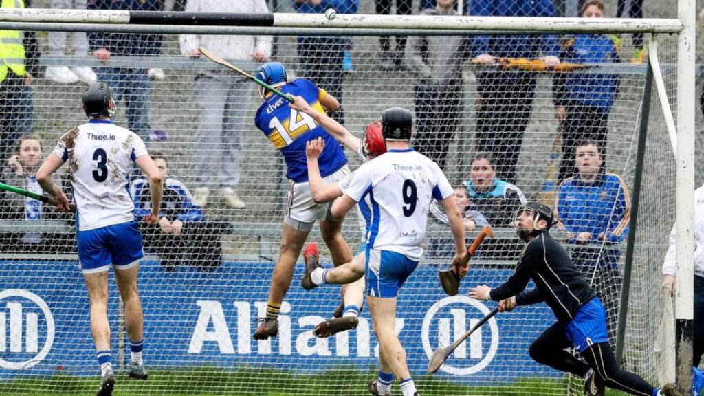 Tipperary’s John McGrath scores a goal in the Allianz Hurling League Division 1A match against Waterford at  Walsh Park. Photograph: Photograph: Tommy Dickson/Inpho