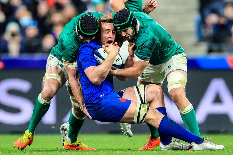 Impasse: James Ryan and Caelan Doris combine to stop France's Anthony Jelonch in his tracks. Photograph: Billy Stickland/Inpho