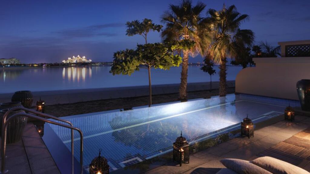 The view from a lagoon-side bungalow at the new Anantara Dubai resort