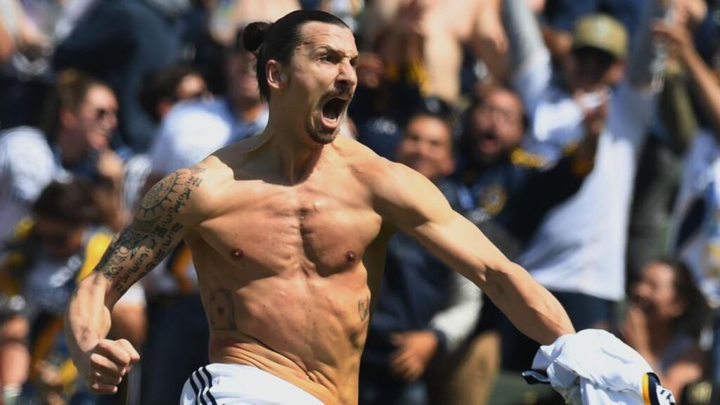 Zlatan Ibrahimovic celebrates after scoring LA Galaxy’s winner against LAFC during their Major League Soccer game at the StubHub Center in Los Angeles. Photograph: Mark Ralston/AFP/Getty Images