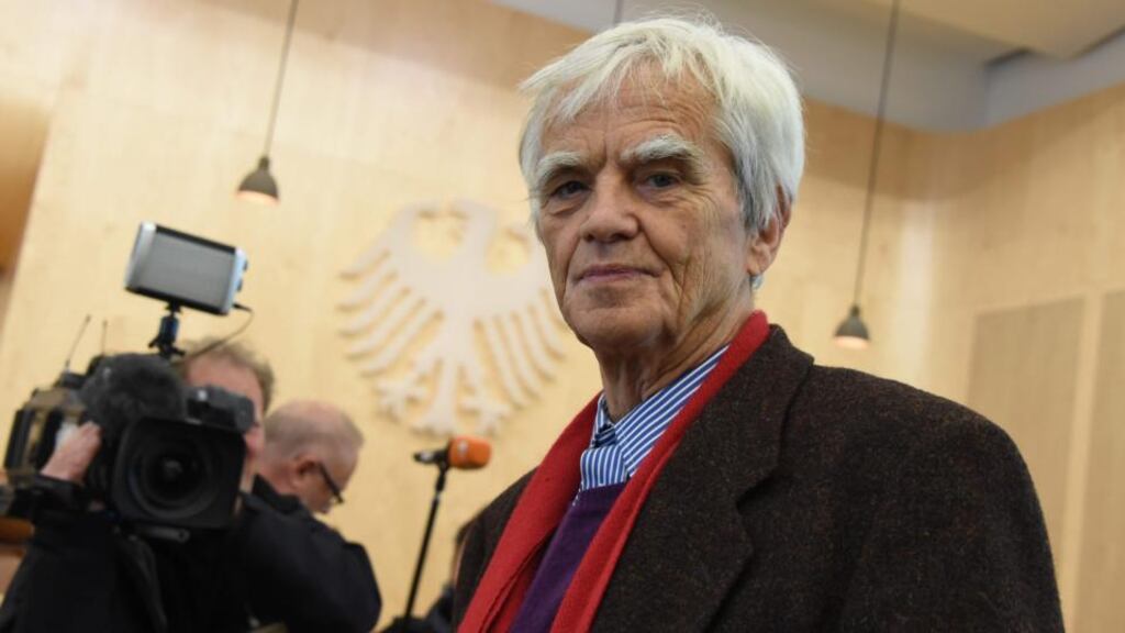 Hans-Christian Stroebele, member of the German parliament for the Green Party and plainitff of a constitutional complaint on the question of if and how the German government has to inform the parliament on planned arms exports. Photograph: Uli Deck/EPA