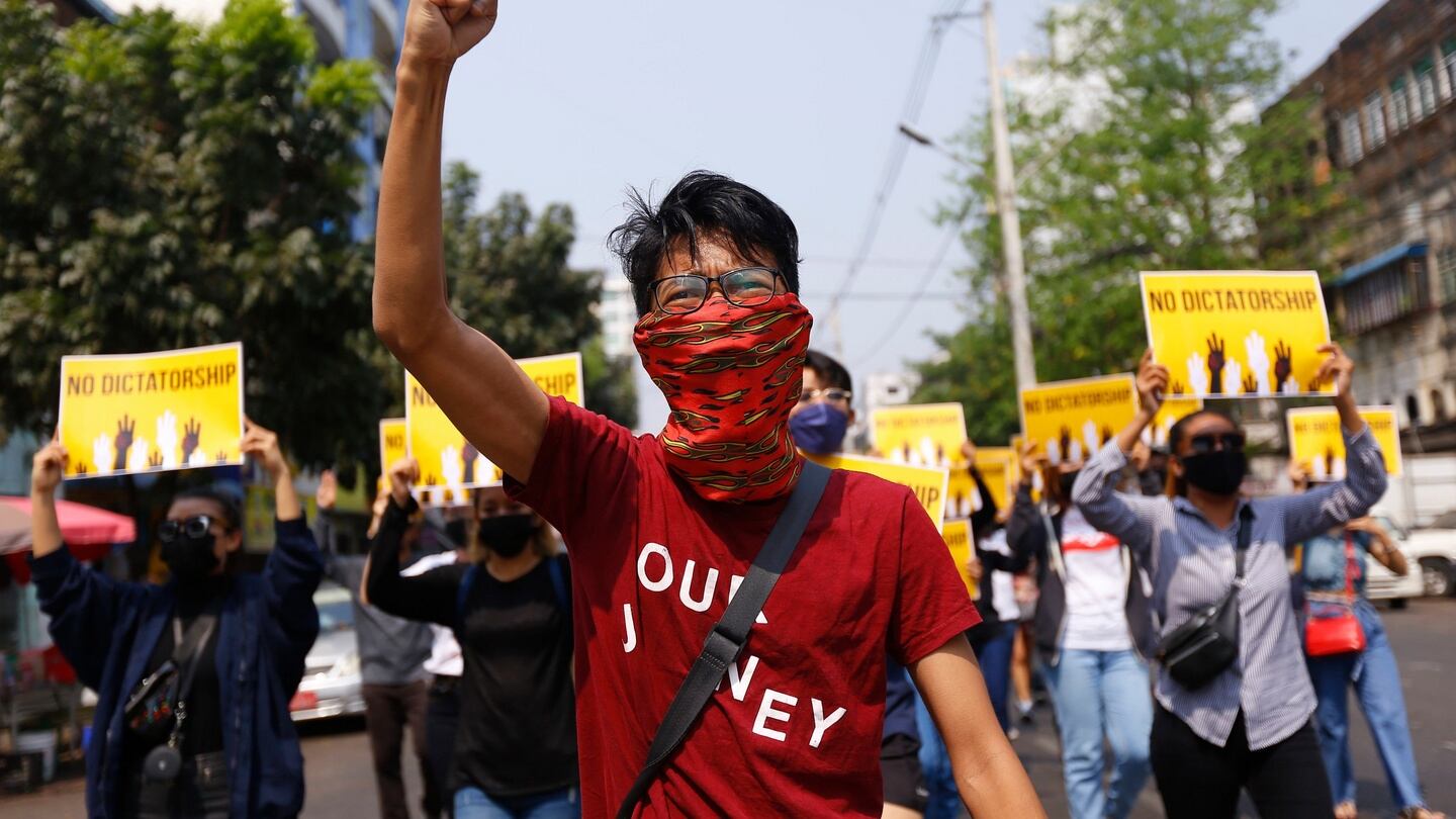Protesters against the February 1st military coup came out on the streets of Yangon, Mandalay and other towns, defying a warning that they could be shot “in the head and back” as the country’s generals celebrated Armed Forces Day. Photograph: AP