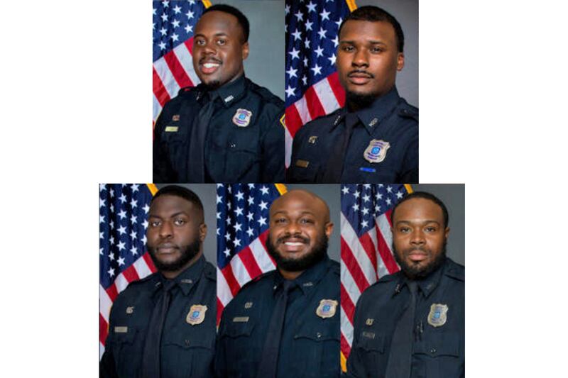 Clockwise from top left: Officers Tadarrius Bean, Justin Smith, Demetrius Haley, Desmond Mills Jr and Emmitt Martin III. Each of the five former Memphis police officers has been charged on several accounts, including second-degree murder. Photograph: Memphis Police Department via The New York Times