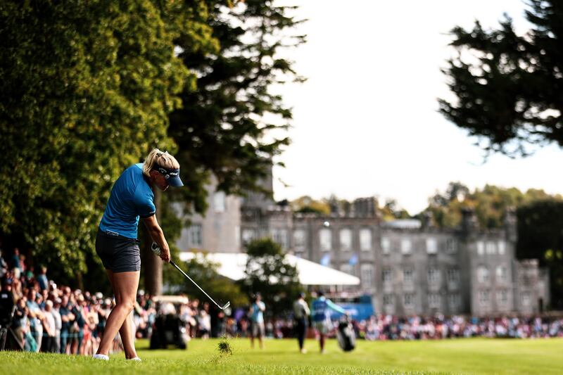 Lisa Pettersson hits her drive down the 18th fairway at Dromoland Castle. Photograph: Ben Brady/Inpho