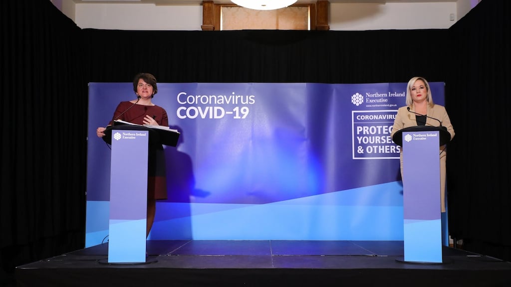 First Minister Arlene Foster (left) and Deputy First Minister Michelle O’Neill, during the daily media broadcast at Stormont. Photograph: Kelvin Boyes/Press Eye/PA Wire