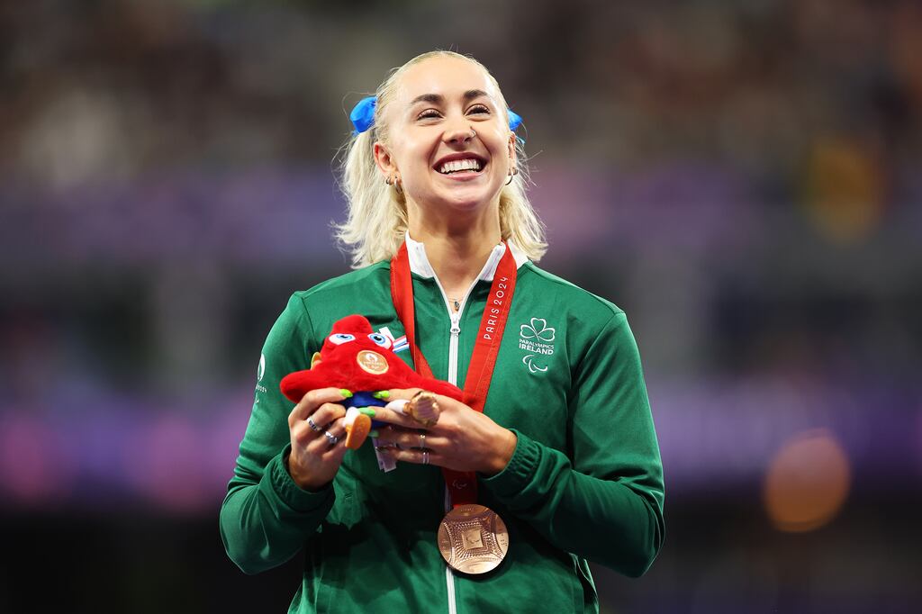 Ireland's Orla Comerford poses for a photo during the T13 100m medal ceremony at the Paralympic Games. Photograph: Alex Davidson/Getty