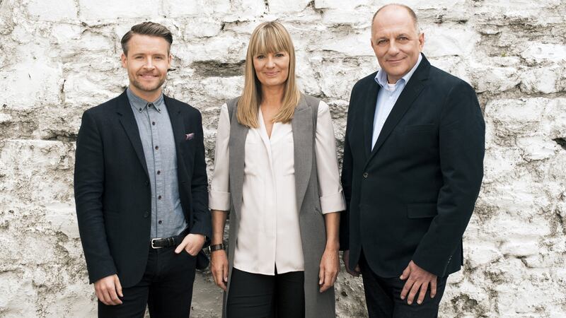 Interior designer Deirdre Whelan flanked by architects Declan O’Donnell and Hugh Wallace in Home of the Year. Photograph: RTÉ