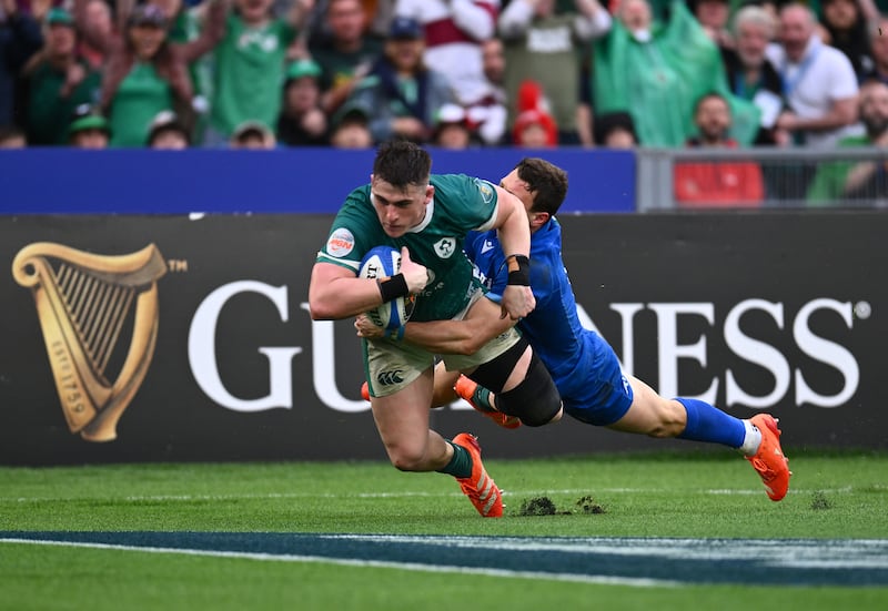 Ireland's Dan Sheehan scores their side's fourth try during the Six Nations match at the Stadio Olimpico, Rome, in March. Photograph: Domenico Cippitelli/ PA Wire