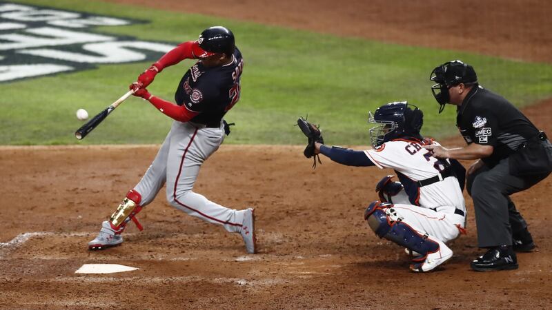 Washington Nationals batter Juan Soto hits a solo home run against the Houston Astros in the top of the fifth inning of Game 6 of the World Series at Minute Maid Park in Houston. Photograph: Larry W Smith/EPA