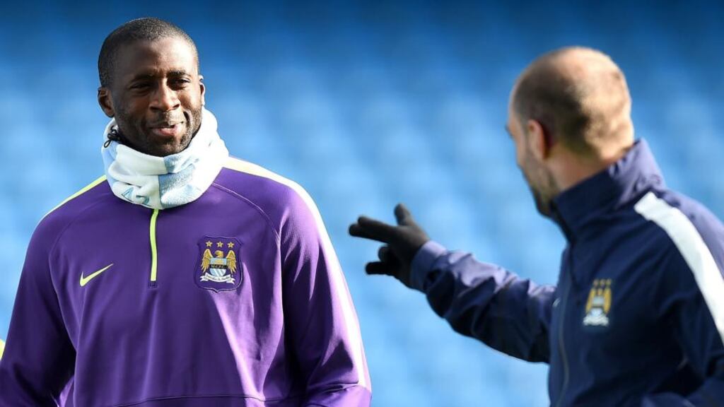 Manchester City’s Yaya Toure with Pablo Zabaleta during a training session at The Etihad Stadium, Manchester. Toure has been the subject of racist abuse on Twitter. Photo: Martin Rickett/PA