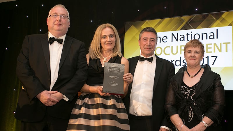 Jeanne Copeland, CEO, Greenville Procurement Partners presents the Procurement Team of the Year award to Colm O'Cleirigh, Grainne McGonagle and Michael Doyle, Office of Government Procurement