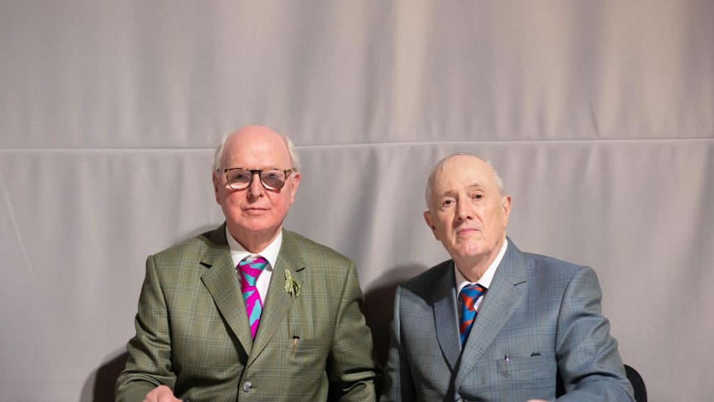 Gilbert & George at the Fondation Louis Vuitton in Paris. ‘They don’t want to let us go back to the hotel for a rest. I’ve found a way to deal with this. Now, I say, would you mind? You see, we have to masturbate.’ Photograph: Jean Picon