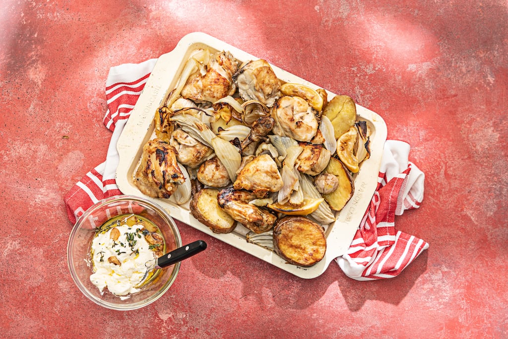 Chicken and fennel Lyonnaise, roasted garlic and lemon creme fraiche. Photograph: Harry Weir