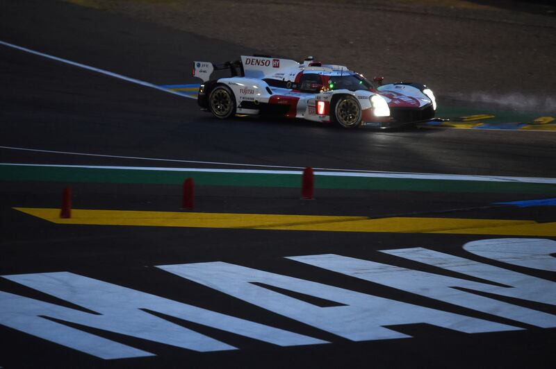 The No.7 Toyota, of Jose Maria Lopez, Mike Conway and Kamui Kobayashi, which had to return to the pits to have a failing hybrid system reprogrammed. Photograph: Jean-Francois Monier/AFP via Getty Images