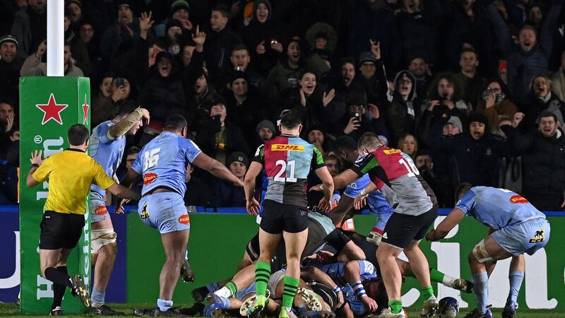 Harlequins’ Alex Dombrandt scores his team’s match-winning try. Photograph: by Glyn Kirk/AFP/Getty Images