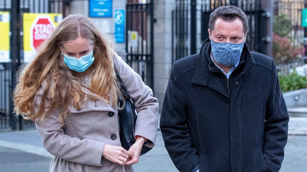 Orla Vezignol McGuinness and her husband Laurent Vezignol, of Donadea, Co. Kildare, leaving the High Court on Wednesday after the hearing. The case continues. Photograph: Collins Courts