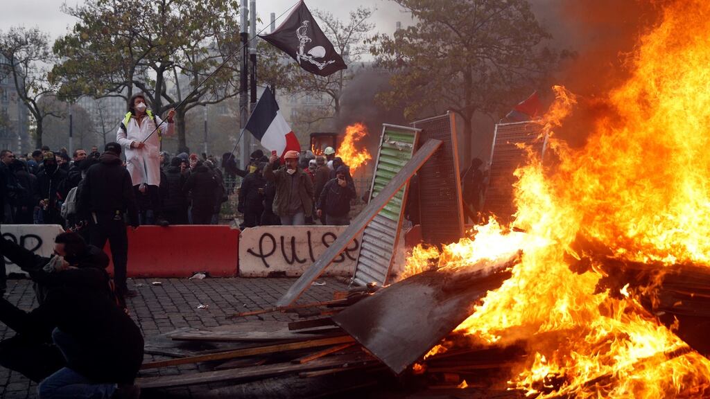 Yellow Vests protesters clash with riot police on Place d’Italie as part of the ‘Act 53’ demonstration (the 53rd consecutive national protest on a Saturday) in Paris, on Saturday. Photograph: Yoan Valat/EPA