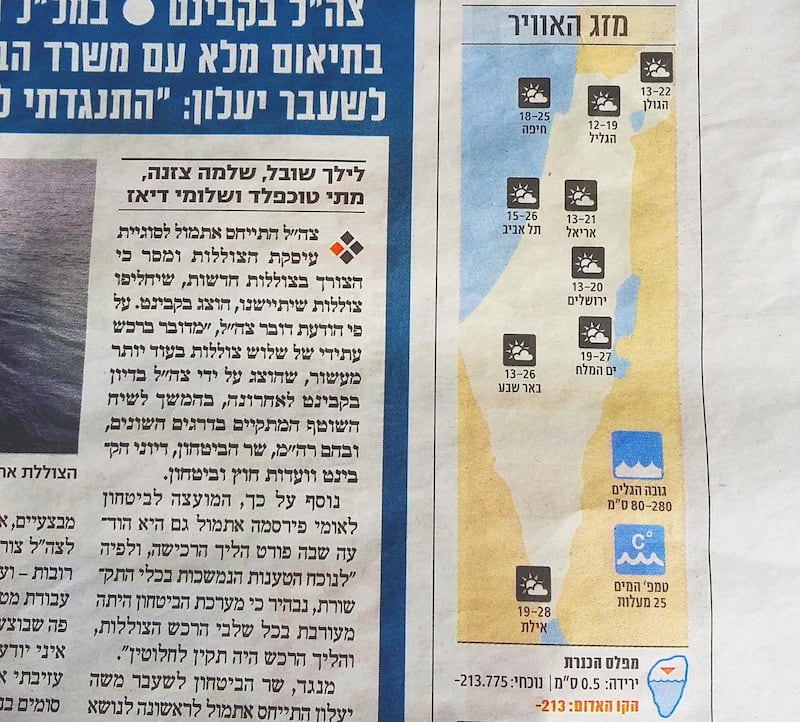 ‘ ‘Israel Hayom’, Israel’s largest free newspaper, show the city of Ariel but no Palestinian cities except Jerusalem’