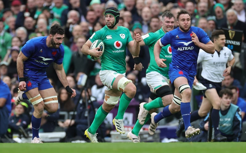 Caelan Doris of Ireland breaks with the ball during the Six Nations match between Ireland and France at the Aviva Stadium on February 11th, 2023. File photograph: David Rogers/Getty Images