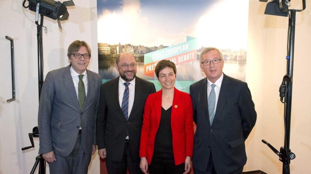 Guy Verhofstadt, Martin Schulz, Ska Keller and Jean-Claude Juncker before the first European Commission presidential debate in Maastricht on Monday. The candidates are to debate again on May 9th. Photograph: Marcel Van Hoorn/EPA