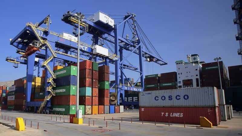 Rows of shipping containers stacked up in the port of Piraeus, Greece, in October 2018. Among them are containers from Chinese shipping giant Cosco, and Yang Ming Marine Transport Corp. File photograph: Milos Bicanski/Getty Images