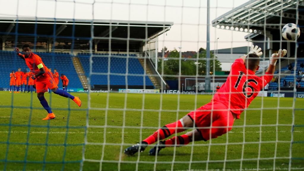 Daishawn Redan’s penalty was saved by James Corcoran, before the goalkeeper was sent off and the spot kick taken again. Photograph: Reuters