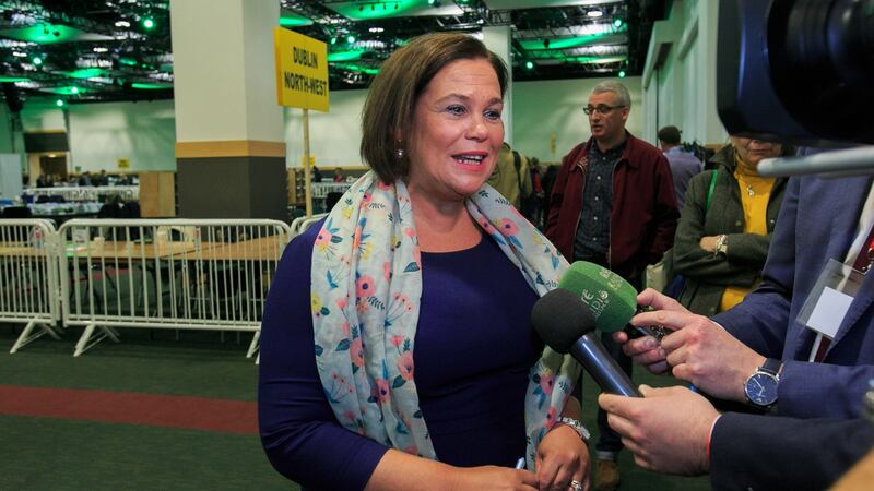 Sinn Féin leader Mary Lou McDonald at the count centre with her poppy scarf. Photograph: Gareth Chaney, Collins