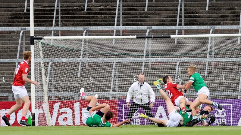 John O’ Rourke scores Cork’s goal early in the Munster SFC semi-final against Limerick at the LIT Gaelic Grounds. Photograph: James Crombie/Inpho