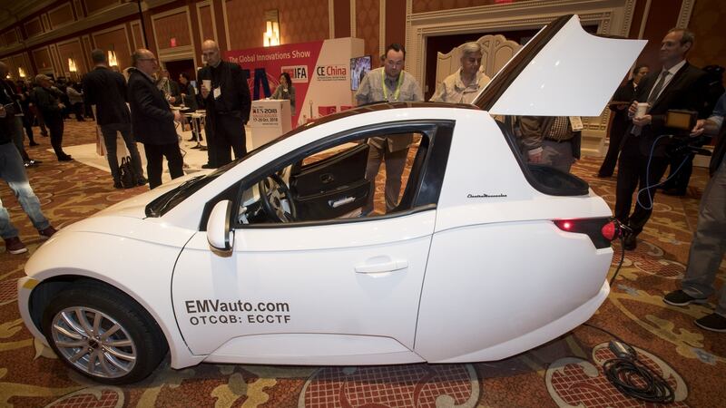 The Electra Meccanica Vehicles Solo three-wheeled, single-passenger electric vehicle attracts attention at CES Photograph: Bloomberg