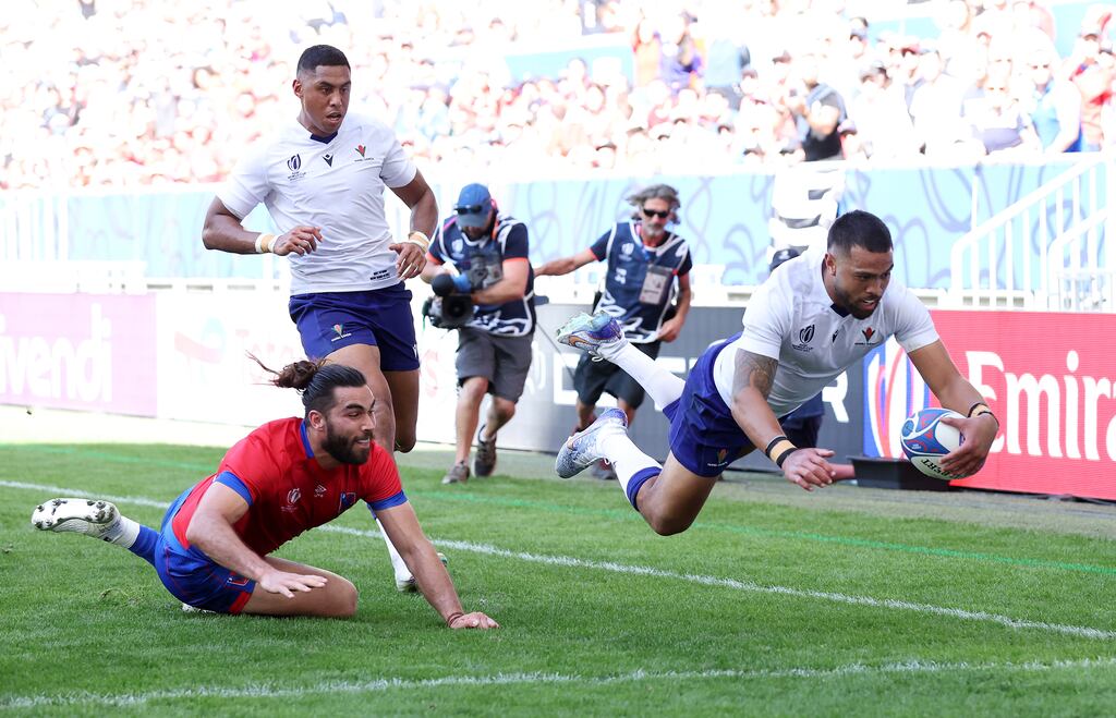 Duncan Paia'aua of Samoa scores his team's first try against Chile at Nouveau Stade de Bordeaux. Photograph: Alex Livesey/Getty Images