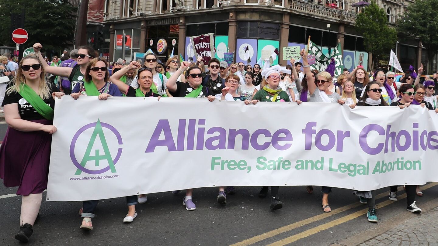 Alliance for Choice members at the Processions march in Belfast. Photograph: Niall Carson/PA