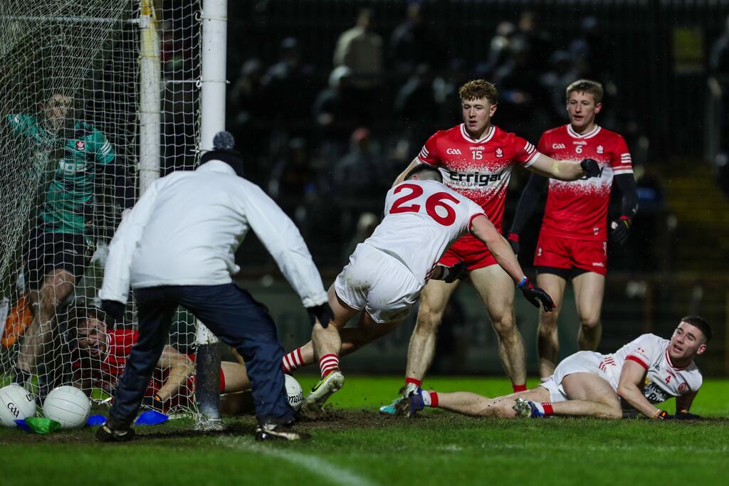 Peter Teague scores Tyrone's second goal during the Allianz Football League Division One game against Derry at O’Neill’s Healy Park in Omagh. Photograph: Lorcan Doherty/Inpho