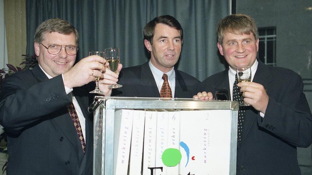 Then minister for communications Michael Lowry (centre) with Telenor Mobile chief executive Kare Gustad and Denis O’Brien. Photograph: Eric Luke